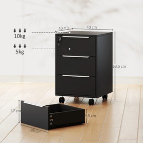 HOMCOM Sertar de birou cu roți cu 3 sertare și lacăt, mobilier depozitare birou pe roți, 40 x 40 x 63,5 cm, negru | Aosom Romania