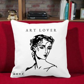 Perna Decorativa Art Lover Portret Grafic, 40x40 cm, Alba Mata, Husa Detasabila, Perna Inclusa, BEKZ®