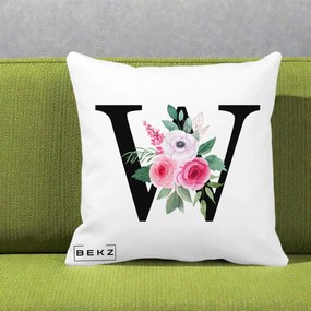 Cadou Personalizat - Perna Personalizata Monograma Florala Litera W cu Trandafiri si Anemona, 40x40 cm, Alba Mata, Husa Detasabila, Perna Inclusa, BEKZ®