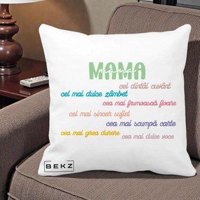 Cadou pentru Mama - Perna Personalizata Mama Cel Dintai Cuvant cu Text Colorat Multicolor, 40x40 cm, Alba Mata, Husa Detasabila, Perna Inclusa, BEKZ®