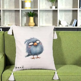 Perna Decorativa Pui Pufos Albastru Adormit, 40x40 cm, Bej cu Franjuri, Husa Detasabila, Perna Inclusa, BEKZ®