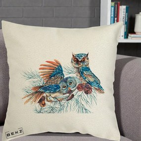 Perna Decorativa Bufnite de Iarna Albastre, 40x40 cm, Ecru, Husa Detasabila, Perna Inclusa, BEKZ®