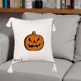 Perna Decorativa Halloween Dovleac Portocaliu Clasic, 40x40 cm, Bej cu Franjuri, Husa Detasabila, Perna Inclusa, BEKZ®