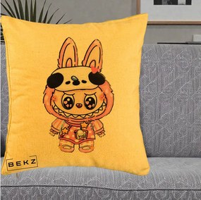 Perna Personalizata Labubu Panda-Bunny Roz, 40x40 cm, Galben, Husa Detasabila, Perna Inclusa, BEKZ®