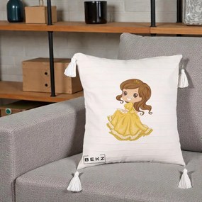 Perna Decorativa Printesa Bella Rochie Aurie, 40x40 cm, Bej cu Franjuri, Husa Detasabila, Perna Inclusa, BEKZ®