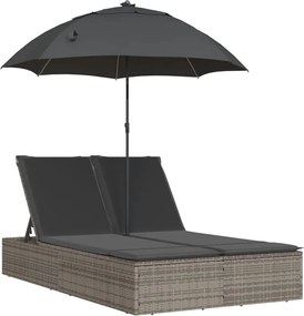 vidaXL Șezlong dublu cu perne/umbrelă de soare, gri, poliratan