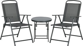Outsunny Set de Exterior din 3 Piese cu Masă cu Blat din Sticlă și 2 Scaune Pliabile din Plasă, Ф45x50 cm, Gri Deschis | Aosom Romania