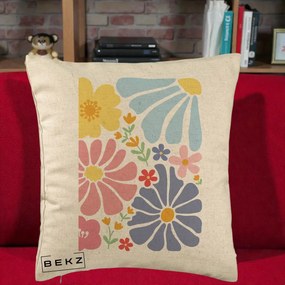 Perna Decorativa Flori Grafice Pastel Multicolor, 40x40 cm, Bej, Husa Detasabila, Perna Inclusa, BEKZ®