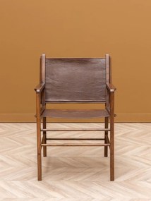 Scaun de dining din piele maro, cu structură din lemn de acacia, finisaj natural lucios, 90×60×66 cm, „Arius"