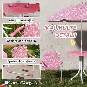 AIYAPLAY Masă de Picnic pentru Copii, Set Masă și Scaune cu 2 Scaune Pliabile și Umbrelă Detasabilă, Temă Junglă, Mobilier de Exterior pentru Grădină, Patio, Roz | Aosom Romania