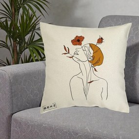 Perna Decorativa Portret Feminin Mac Privire Inalta, 40x40 cm, Ecru, Husa Detasabila, Perna Inclusa, BEKZ®