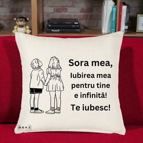 Cadou pentru Sora - Perna Personalizata Sora Mea Te Iubesc Copii Tinand Maini Line Art, 40x40 cm, Crem Reliefat, Husa Detasabila, Perna Inclusa, BEKZ®