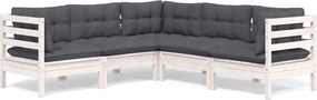 vidaXL Set mobilier de grădină cu perne, 5 piese, alb, lemn masiv pin