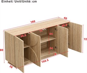 Bufet cu mult spațiu de depozitare, design scandinav-minimalist, 160x40x80 cm, Culoare naturală