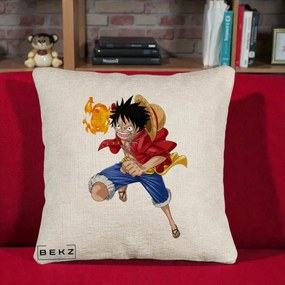 Perna Personalizata One Piece Luffy Gear Second Foc, 40x40 cm, Bej Canapea, Husa Detasabila, Perna Inclusa, BEKZ®