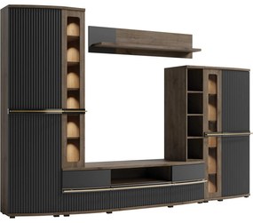 Mobilier living CANDY2 A, stejar inchis/gri/negru, PAL/sticla, cu ilum