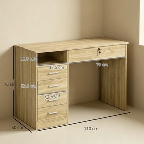 HOMCOM Birou Cameră sau Office Lemn cu 2 Sertare și 2 Chei, 110x50x76 cm, Stejar | Aosom Romania