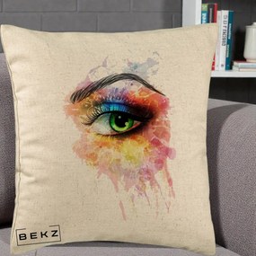 Perna Decorativa Ochi Verde Acuarela, 40x40 cm, Bej, Husa Detasabila, Perna Inclusa, BEKZ®