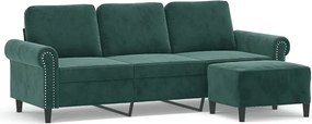 vidaXL Canapea cu 3 locuri și taburet, verde închis, 180 cm, catifea