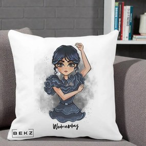 Perna Personalizata Wednesday Addams Dancing Queen, 40x40 cm, Alba Mata, Husa Detasabila, Perna Inclusa, BEKZ®