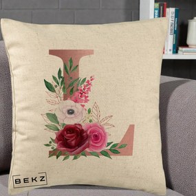 Cadou Personalizat - Perna Personalizata Monograma Rose Gold Litera L, 40x40 cm, Bej, Husa Detasabila, Perna Inclusa, BEKZ®