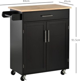 HOMCOM Cărucior de Bucătărie cu Sertar și Dulap cu 2 Uși, Insulă de Bucătărie cu roți și bară laterală, 83x45x91.5 cm, Negru | Aosom Romania