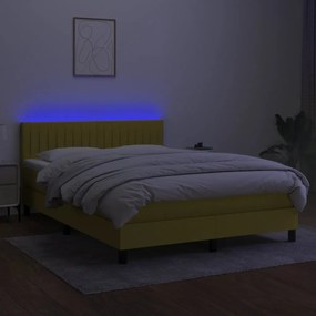 Pat cu arcuri, saltea si LED, albastru, 140x200 cm, textil Albastru, 140 x 200 cm, Benzi verticale