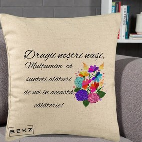 Cadou pentru Nasi - Perna Personalizata Dragii Nostri Nasi Multumim cu Flori Multicolore, 40x40 cm, Bej, Husa Detasabila, Perna Inclusa, BEKZ®