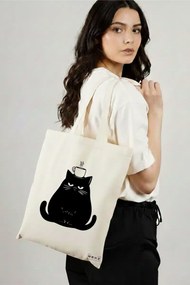 Sacosa de Panza pentru Cumparaturi, Geanta Tote, model Caffeine Cat 19 38 x 34.5 cm, Alba, BEKZ®
