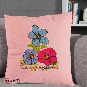 Perna Decorativa Trei Flori Grafice Pop Art, 40x40 cm, Roz, Husa Detasabila, Perna Inclusa, BEKZ®