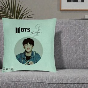 Perna Personalizata K-pop BTS Jimin Portret Cerc Autograf Geaca, 40x40 cm, Verde Menta, Husa Detasabila, Perna Inclusa, BEKZ®