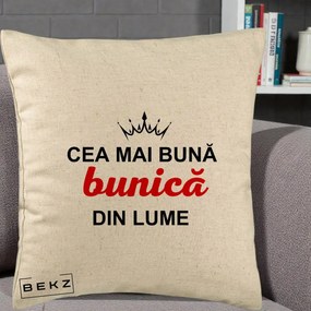 Cadou pentru Bunica - Perna Personalizata Cea Mai Buna Bunica Din Lume Coroana Neagra, 40x40 cm, Bej, Husa Detasabila, Perna Inclusa, BEKZ®