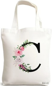 Sacosa de Panza pentru Cumparaturi, Geanta Tote, Cu litera C si Trandafiri, 38x34.5 cm, Alba, BEKZ®