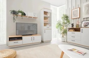Suport TV TISANE cu dulapuri si sertar 160x50cm, stejar/alb