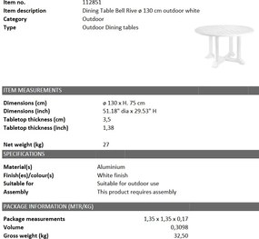 Masa pentru interior si exterior Bell Rive alb, 130cm 112851 HZ