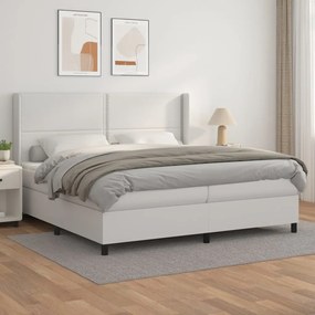 vidaXL Pat box spring cu saltea, alb, 200x200 cm, piele ecologică