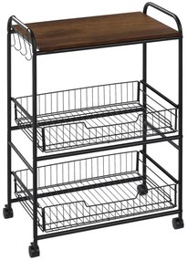 HOMCOM Cărucior Auxiliar cu Roți de 3 Nivele Cărucior de Bucătărie cu 2 Coșuri și 4 Cârlige 60x38x85,5 cm Maro Rustic | Aosom Romania