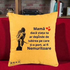 Cadou pentru Mama - Perna Personalizata Mama Nemuritoare Gravura Vintage, 40x40 cm, Galben, Husa Detasabila, Perna Inclusa, BEKZ®