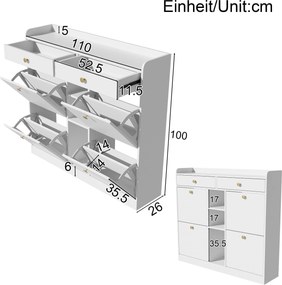 Dulap pentru pantofi cu 4 uși rabatabile, 2 sertare și 3 compartimente deschise, 110x26x100 cm, Alb