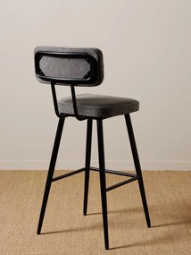 Scaun de bar tapițat din bumbac gri și fier negru, cu spătar dreptunghiular și suport pentru picioare, aspect stonewashed, 105 x 48 x 48 cm, „Fairfax”