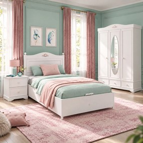Set dormitor copii Rustic White , Pat cu lada, Dulap si Noptiera