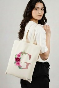Sacosa de Panza pentru Cumparaturi, Geanta Tote, Cu litera G Rose Gold si Trandafiri, 38x34.5 cm, Alba, BEKZ®