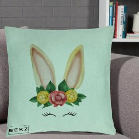 Perna Decorativa Iepuras Flori Urechi Pastelui, 40x40 cm, Verde Menta, Husa Detasabila, Perna Inclusa, BEKZ®