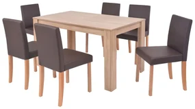 243530 vidaXL Masă și scaune 7 piese, piele artificială, stejar, maro