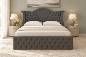 Pat tapițat Chesterfield din catifea Velora 140×200 cm, gri închis, cu ladă de depozitare