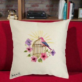 Perna Decorativa Pasare Roz pe Colivie Aurie cu Flori, 40x40 cm, Ecru, Husa Detasabila, Perna Inclusa, BEKZ®