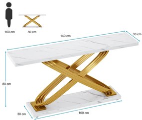 MAU37 - Masa Consola, 140 cm, masuta hol, living, dormitor - Auriu - Alb Imitatie de Marmura