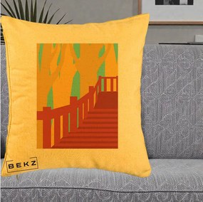 Perna Decorativa Scari Toamna Peisaj Grafic, 40x40 cm, Galben, Husa Detasabila, Perna Inclusa, BEKZ®