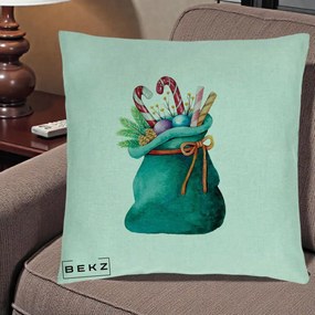 Perna Decorativa Saculet Cadouri Mos Craciun Acuarela Verde, 40x40 cm, Verde Menta, Husa Detasabila, Perna Inclusa, BEKZ®