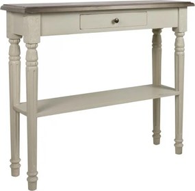 Consolă hol shabby chic din lemn de pin, alb, cu blat natur, sertar, raft și picioare strunjite canelate, 85 x 100 x 30 cm, „Harlem”